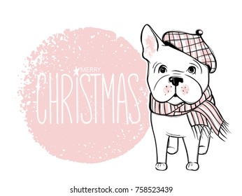 Merry Christmas illustration with funny dog. Hand drawn vector french bulldog puppy. Happy holidays template. Cartoon animal.