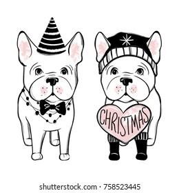 Merry Christmas illustration with funny dog. Hand drawn vector french bulldog puppy. Happy holidays template. Cartoon animal.