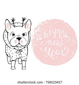 Merry Christmas illustration with funny dog. Hand drawn vector french bulldog puppy. Happy holidays template. Cartoon animal.