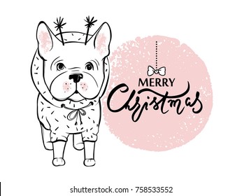 Merry Christmas illustration with funny dog. Hand drawn vector french bulldog puppy. Happy holidays template. Cartoon animal.