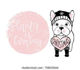 Merry Christmas illustration with funny dog. Hand drawn vector french bulldog puppy. Happy holidays template. Cartoon animal.