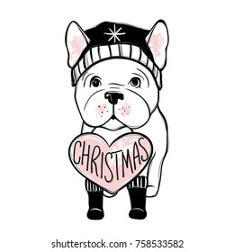 Merry Christmas illustration with funny dog. Hand drawn vector french bulldog puppy. Happy holidays template. Cartoon animal.