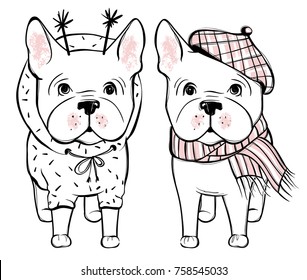 Merry Christmas illustration with funny dog. Hand drawn vector french bulldog puppy. Happy holidays template. Cartoon animal.