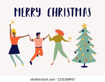 Merry Christmas illustration with funny people who celebrate holidays