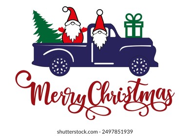 Merry Christmas illustration with gnomes on truck, vector. Festive banner, clipart.