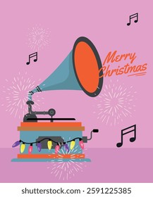Merry Christmas Illustration with Gramophone and Lights