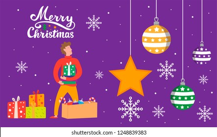 Merry Christmas illustration greeting card with man,star, gifts boxes and modern lettering Merry Christmas