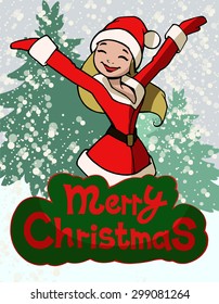 Merry Christmas illustration with a happy blonde lady in santa costume