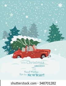 Merry Christmas illustration. Christmas landscape card design of retro red car with tree on the top.