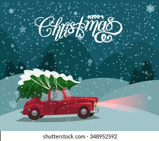 Merry Christmas illustration. Christmas landscape card design of retro red car with tree on the top.