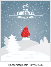 Merry Christmas illustration. Christmas landscape card design of retro red car with gifts on the top.