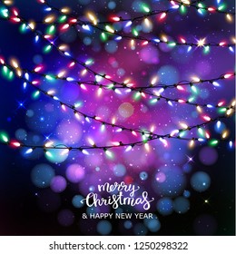 Merry Christmas Illustration with  Lighting Garland and Hand Lettering on Dark Blue Bokeh Background. Vector Holiday Design for Greeting Card, Party Invitation or Promo Banner