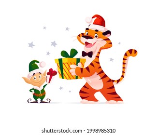 Merry Christmas illustration with little Santa elf and tiger in Santa hat giving presents isolated. Vector flat cartoon style. For banners, sale cards, posters, tags, web, flyers, advertisement etc.