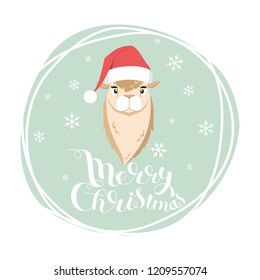 Merry Christmas. Christmas illustration with a llama in a New Year's hat for a greeting card.