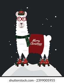  Merry Christmas Illustration with Llama Wearing a Hat, Roller Skates, Skarf