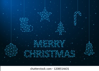 Merry Christmas illustration made by points and lines, polygonal wireframe mesh, Christmas decorations. Holiday card or banner. Vector.