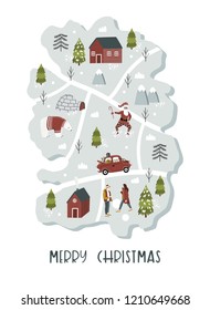Merry Christmas illustration with map of cartoon town and small characters. Greeting card design with hand drawn lettering. Nordic style