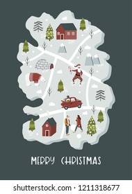 Merry Christmas illustration with map of cartoon town and small characters. Greeting card design with hand drawn lettering. Nordic style