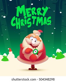 Merry Christmas illustration. New year card. Santa Claus and watch. Character design for your holiday.