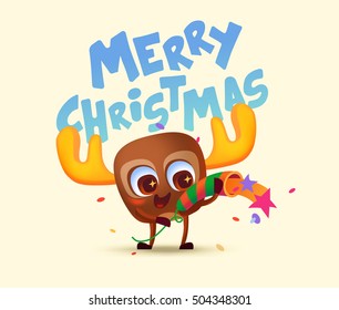 Merry Christmas illustration. New year card. Deer with petard. Character design for your holiday.