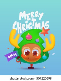 Merry Christmas illustration. New year card. Fir-tree deer.