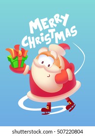 Merry Christmas illustration. New year card. Santa Claus with gift.