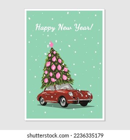 Merry Christmas illustration on blue background. Christmas Postcard with red car and Chrisrmas tree