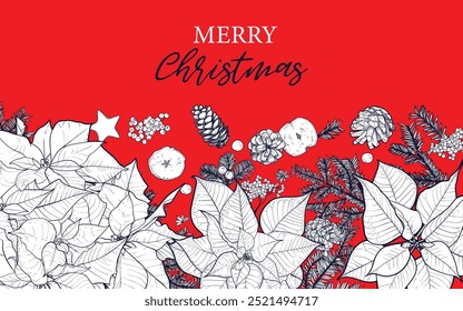 Merry Christmas illustration on red color. Modern Xmas design with typography, beautiful Christmas tree, Christmas sweets. Trendy hand drawn illustration for season banner, poster, cover