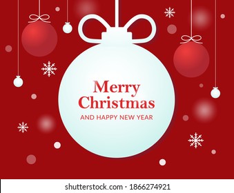 Merry Christmas illustration: Christmas ornaments and greeting message on snow background