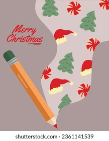 Merry Christmas Illustration and Pencil   Background Candy  Santa Hat  Christmas Tree