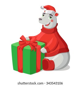 Merry Christmas illustration with polar bear and gift.