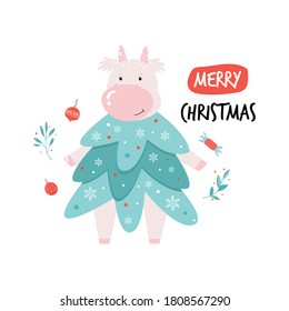 Merry Christmas illustration, poster with cute cow dressed in fir costume. Vector design