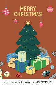 Merry Christmas illustration poster. Christmas tree and gift boxes on the ground. Flat vector art.  