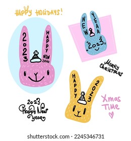 Merry Christmas illustration with rabbit face. New year animal faces. Cartoon pet