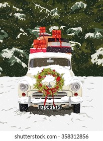 Merry Christmas illustration with retro car and Christmas wreath and gifts. Vector illustration