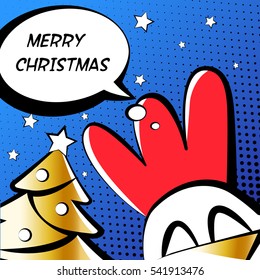 Merry Christmas illustration with rooster, golden tree and text cloud. Comics style. Vector card.