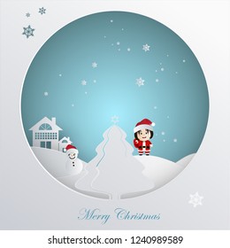 Merry Christmas. Illustration of Santa Claus, paper art and craft style