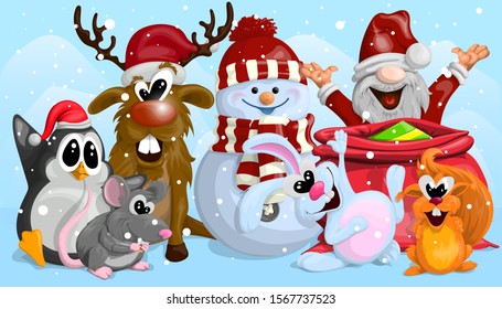 Merry Christmas illustration with Santa Claus, snowman, deer, penguin, rat, Bunny and squirrel in cartoon style to design your cards.