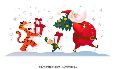 Merry Christmas illustration with Santa Claus, elf and tiger carry presents and fir tree isolated. Vector flat cartoon style. For banners, sale cards, posters, tags, web, flyers, advertisement etc.