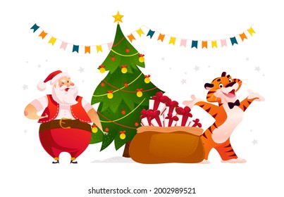 Merry Christmas illustration with Santa Claus, tiger and bag with presents at decorated fir tree. Vector flat cartoon style. For banners, sale cards, posters, tags, web, flyers, advertisement etc.