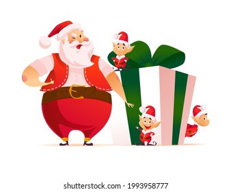 Merry Christmas illustration with smiling Santa Claus and hi little elves at big gift box isolated. Vector flat cartoon style. For banners, sale cards, posters, tags, web, flyers, advertisement etc.