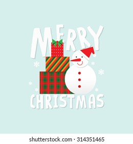 Merry Christmas illustration with snowman and gifts/ Snowman cartoon character design/ Fun and cute season's greeting vector art/ Holidays icon/ Christmas elements and illustration/ Festive background
