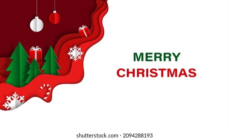 Merry Christmas illustration. Spruce, snowflake, christmas toy on a red paper background. Digital craft style.