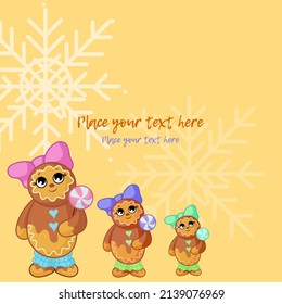 Merry Christmas illustration with Christmas theme gingerbread men. Greeting card design template