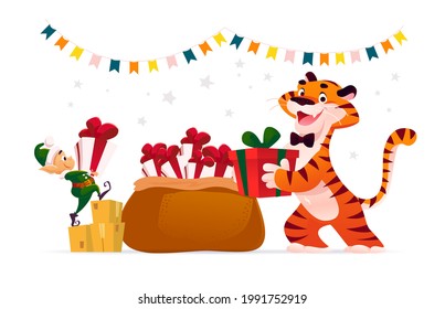 Merry Christmas illustration with tiger, cute Santa elf and big bag full of xmas presents isolated. Vector flat cartoon style. For banners, sale cards, posters, tags, web, flyers, advertisement etc.