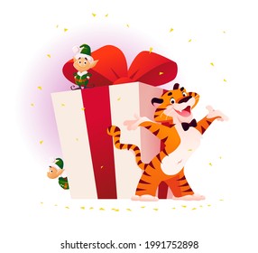 Merry Christmas illustration with tiger and little Santa elves at big gift box isolated. Vector flat cartoon style. For banners, sale cards, posters, tags, web, flyers, advertisement etc.