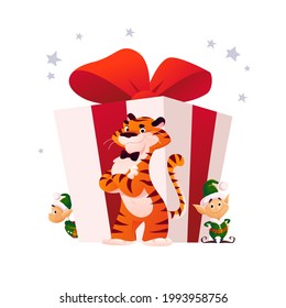 Merry Christmas illustration with tiger and little Santa elves at big gift box isolated. Vector flat cartoon style. For banners, sale cards, posters, tags, web, flyers, advertisement etc.