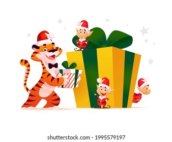 Merry Christmas illustration with tiger in Santa hat and little Santa elves at big gift box isolated. Vector flat cartoon style. For banners, sale cards, posters, tags, web, flyers, advertisement etc.