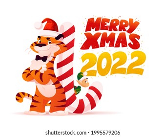 Merry Christmas illustration with tiger in santa hat and little dwarf at big lollipop. Text congratulation. Vector flat cartoon style. For banners, sale cards, posters, tag, web, flyer, advertisement.