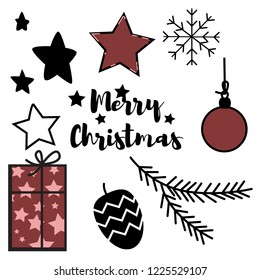 Merry Christmas illustration with  toys, gift, star, snowflakes on white background. Set of stickers.
